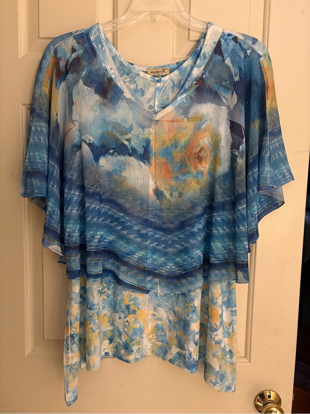 One World Tank Top with Overlay in Blue, Yellow, White, Size 1x